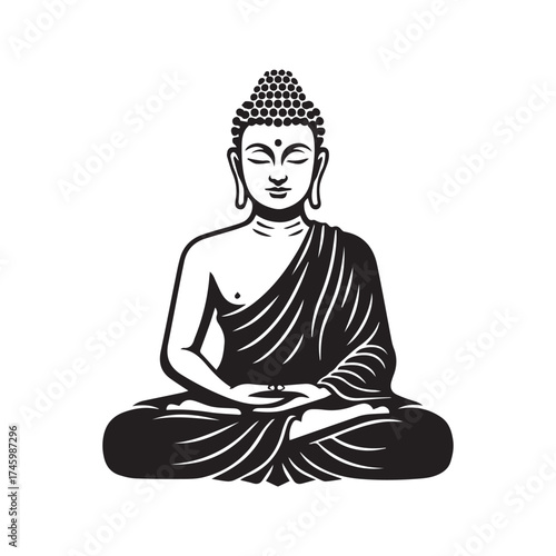 Meditating Buddha in Lotus Pose: Black and White Vector Illustration of Gautama for Spiritual and Religious Concepts
