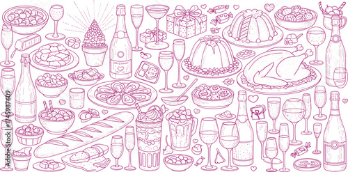 Celebration Feast A Vector Outline Illustration of Festive Foods and Drinks