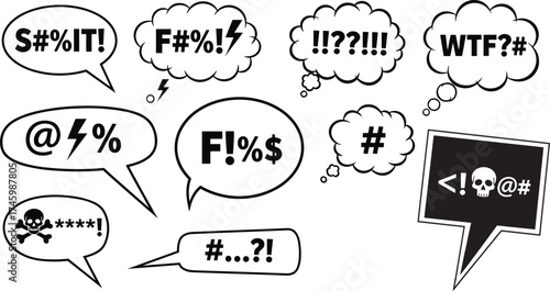 Conceptual graphic set of speech bubbles expressing intense emotions, anger, and frustration through symbolic exclamations and censored abstract representations