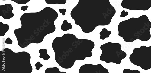 Seamless black and white cow print pattern featuring irregular organic spots, creating a classic and versatile animal hide texture for various design applications