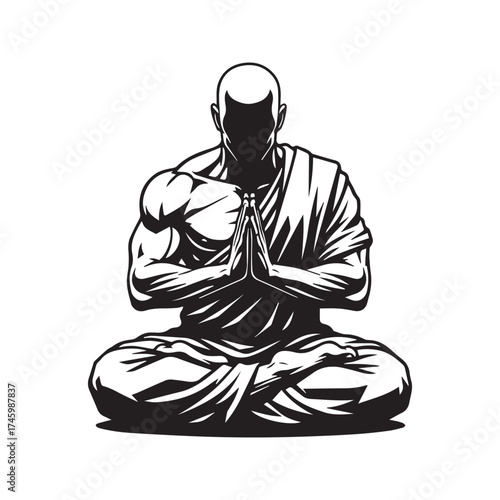 Stylized Silhouette of a Muscular Monk Meditating in Lotus Pose with Prayer Hands
