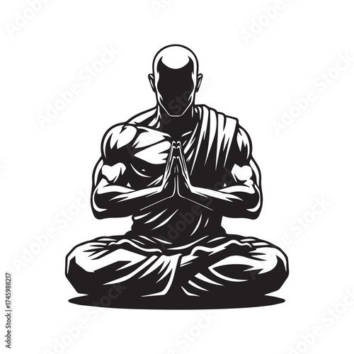 Stylized Silhouette of a Muscular Monk Meditating in Lotus Pose with Prayer Hands
