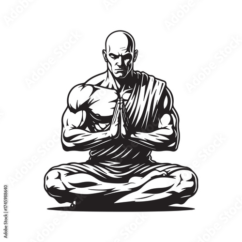 Stylized Silhouette of a Muscular Monk Meditating in Lotus Pose with Prayer Hands
