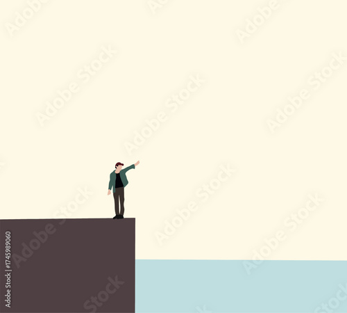 Man standing on viewpoint pointing finger to beautiful sky with sea view. Tourism travel on holiday vacation.