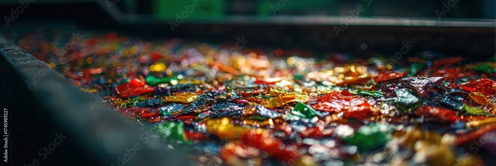 Obraz premium Colorful Candy Wrappers Floating in a Large Tub Filled With Water at a Candy Factory During the Morning Shift