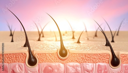 Detailed 3D Render of Human Skin Showing Hair Follicles, Roots, and Growing Strands – Concept of Hair Growth, Scalp Health, and Dermatology