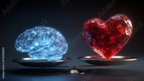 A digital brain and heart balanced on scales, symbolizing the equipoise between intellect and emotion.
