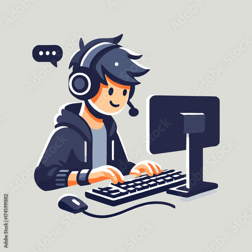 Flat Illustration of Person Wearing Headset Typing on Keyboard at Computer Desk