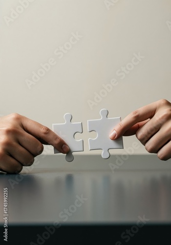 Connecting Puzzle Pieces: Two hands carefully align puzzle pieces, symbolizing unity, collaboration, and the process of finding solutions. Capturing the essence of teamwork and problem-solving.