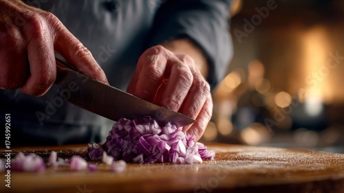 Chef chopping red onion