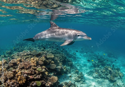 Dolphin's Underwater Dance: A graceful dolphin swims through the clear, azure waters. This image captures a mesmerizing glimpse into the ocean's wonders.