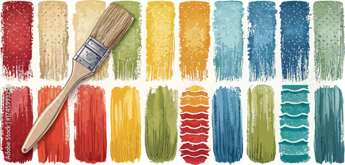 Paintbrush rests on vibrant swatches of various colors showcasing artistic expression and creativity