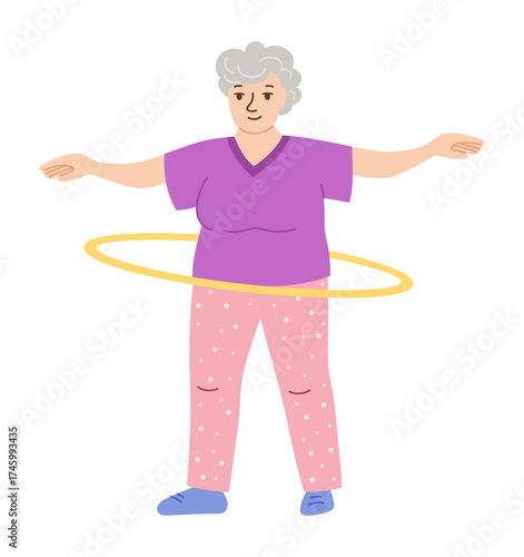 Elderly woman doing sports, hula hoop exercise for waist. Health exercise adult senora pensioner on rehabilitation. Active old lady character fitness gymnastics helpful cardio gym relaxation vector