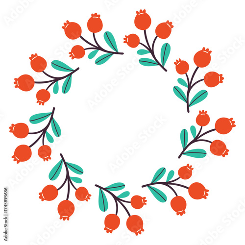 Simple festive round frame with Christmas decor. The simple vector design perfect for Christmas and New Year decorations or holiday greetings.