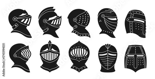Medieval helmets signs vector set. Heraldic icon collection. Ancient warrior knight head armor with visor plumage for coat of arms. Heraldry elements knight helmet symbol flat style illustration