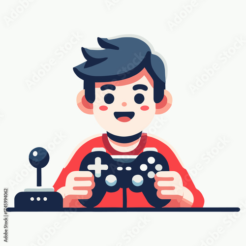 Flat Illustration of Boy Holding Game Controller on White Background