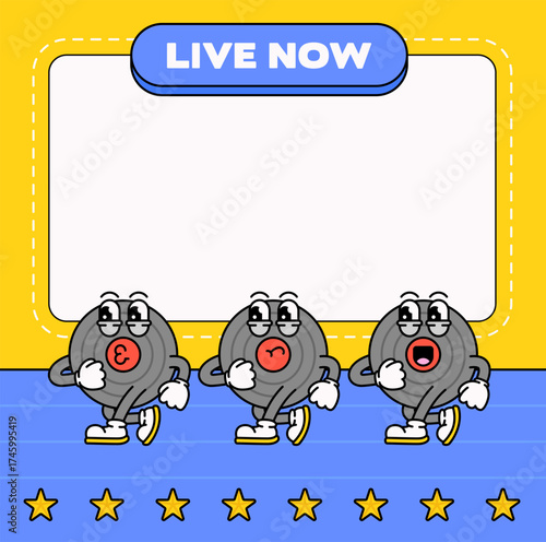 Three cute vinyl record characters dancing happily under a Live Now banner Perfect for music events, live streaming, DJ promotions vector illustration cartoon hand drawns