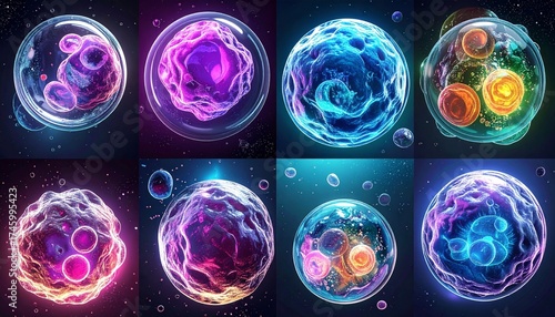 cellular structures with floating holographic labels