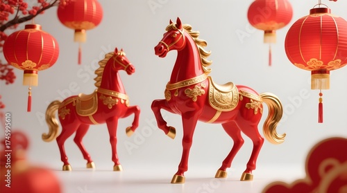 2026 Chinese Year of the Horse Festive Red and Gold Horse Statues w...