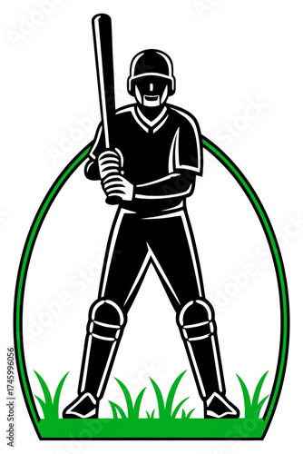 Vector illustration of a single professional cricket player in batting action pose holding a cricket bat, symbolizing sportsmanship, strength, and athletic performance