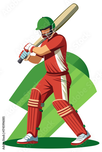 Vector illustration of a single professional cricket player in batting action pose holding a cricket bat, symbolizing sportsmanship, strength, and athletic performance