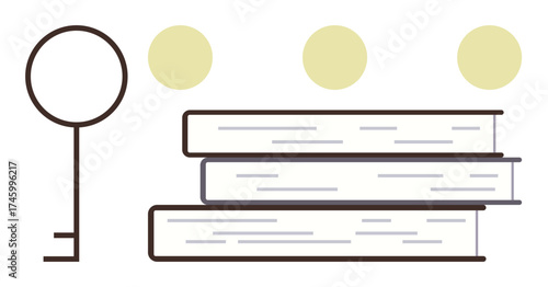 Stacked books beside a key and dots symbolizing knowledge, learning, and discovery. Ideal for education, literacy, problem solving, research, innovation, creativity simple flat metaphor