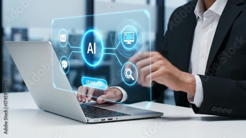 Businessman Interacting with AI Technology on a Laptop Digital Transformation AI powered workflow automation