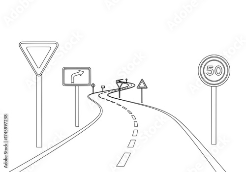 Road trip safety illustration showing winding road signs and speed limits, perfect for driver education materials, travel planning guides, and safety campaigns