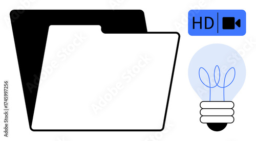 Folder icon alongside HD video sign and glowing lightbulb. Ideal for creativity, digital media, innovation, file storage, video editing, brainstorming, and organization concepts. Modern flat metaphor