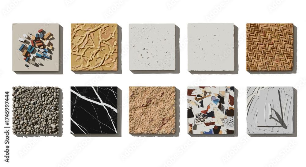 Fototapeta premium Ten rectangular textured samples arranged in two rows on white backdrop