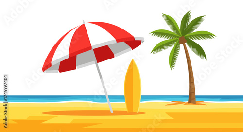 Illustration of a beach scene with umbrella surfboard and palm tree