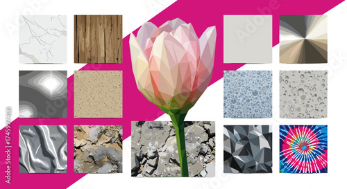 Geometric flower with various texture samples on a pink and white background