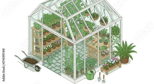 Isometric greenhouse filled with plants and gardening equipment inside