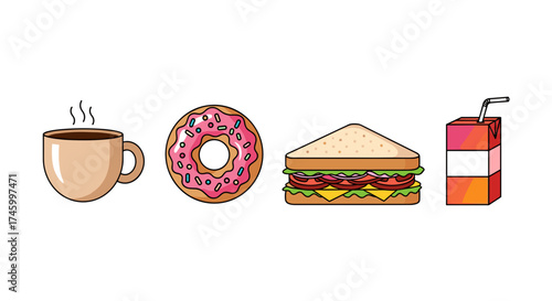 Illustration of a coffee donut sandwich and juice box arrangement