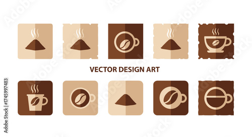 Collection of coffee themed icons on cards in brown and beige tones
