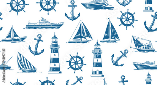 Seamless pattern with nautical elements such as boats and anchors