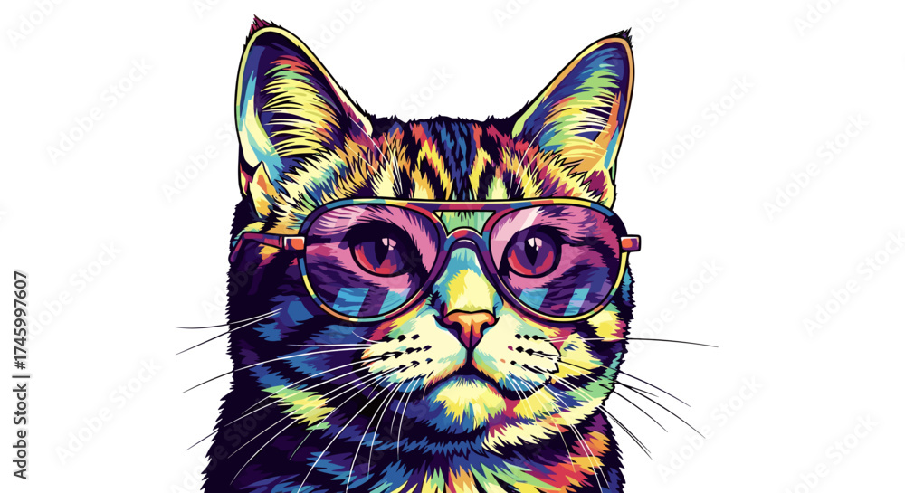 Fototapeta Colorful cat wearing sunglasses with a reflective lens effect art