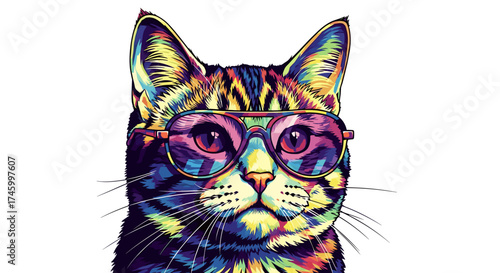 Colorful cat wearing sunglasses with a reflective lens effect art