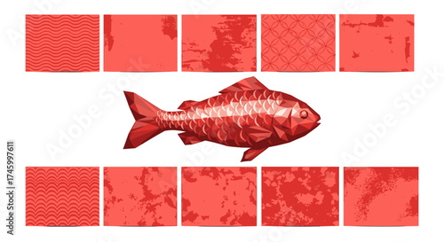 Stylized red fish with textured squares arranged above and below it