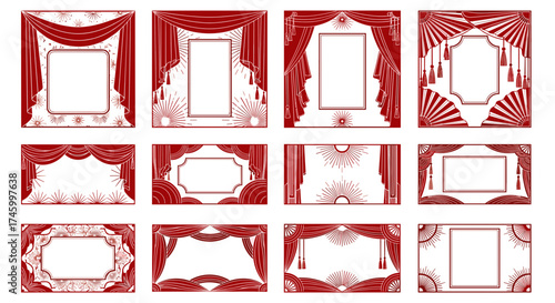 Collection of art deco style frames with curtains and decorations