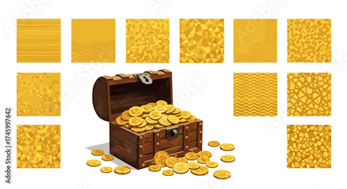 Illustration of a treasure chest filled with gold coins and patterns