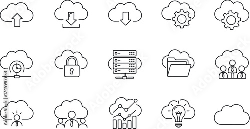 Vector art of collection of cloud computing icons representing various services and functions, including data upload and download, security, analytics, and teamwork, presented in a simple line art sty