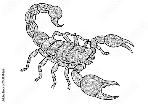 Detailed scorpion illustration, perfect for tattoo design or astrological projects, dynamic and intricate line work, adding a touch of edgy elegance
