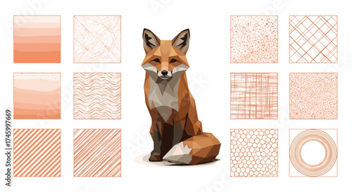 Geometric fox surrounded by abstract patterned rectangular shapes