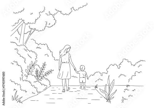 Mother and child walking together in nature, creating lasting memories, promoting family bonds, and celebrating beautiful moments, a serene scene