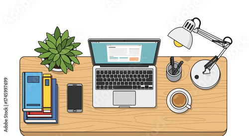Overhead shot of a desk with laptop plant books and other items