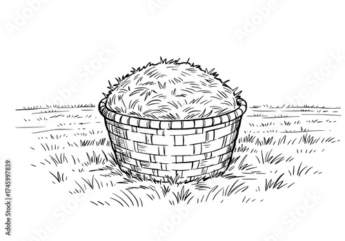 Delightful rustic basket brimming with freshly cut hay, evoking countryside charm and simple living in this charming scalable graphic