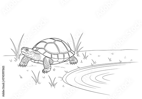 Detailed line art of a tortoise moving slowly, rendered with precision and care, perfect for educational materials or nature-themed designs. Scalable vector.