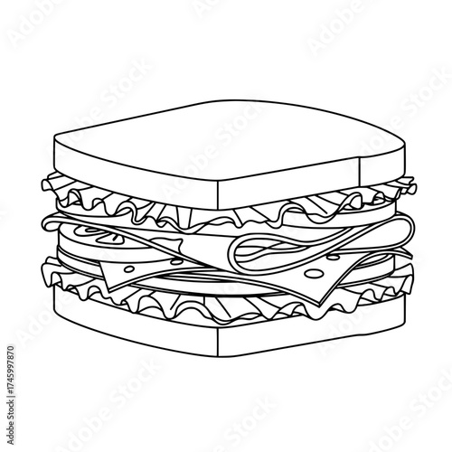 Delicious sandwich outline drawing for coloring books and restaurant menus, simple food icon, easy to customize, editable vector for creative projects