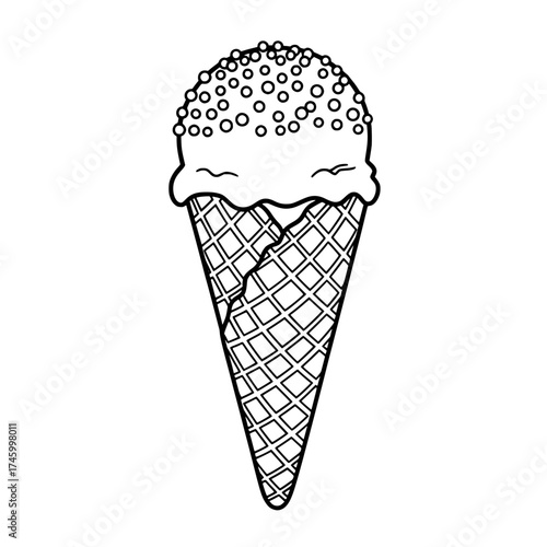Delicious ice cream cone drawing with sprinkles, a sweet summer treat. Perfect for coloring books, dessert menus, and fun foodie designs originally a vector